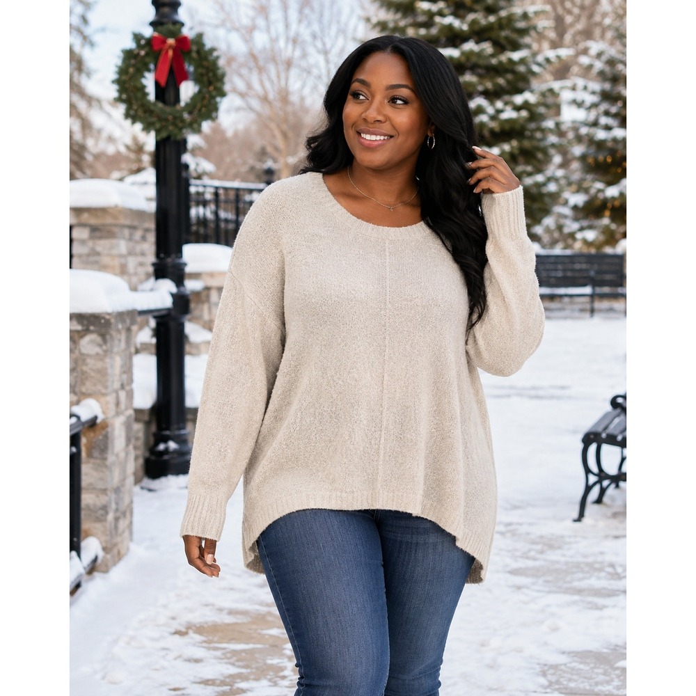 East Adeline Womens Cream Popcorn Knit Fuzzy Crewneck Sweater Plus Size 0X